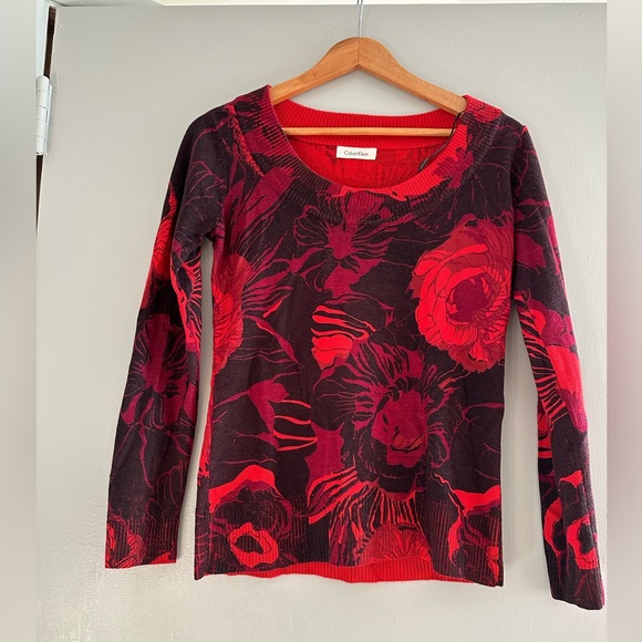 Gorgeous Calvin Klein red/black floral scoop neck wool blend sweater size M - Picture 7 of 8